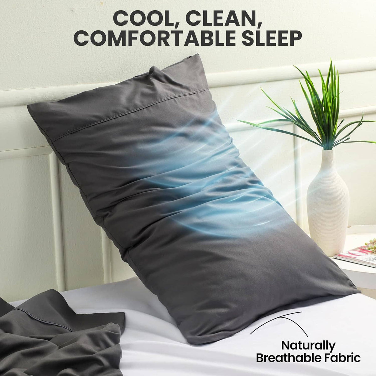 Gray pillow covers set with breathable fabric look; envelope closure at the back.