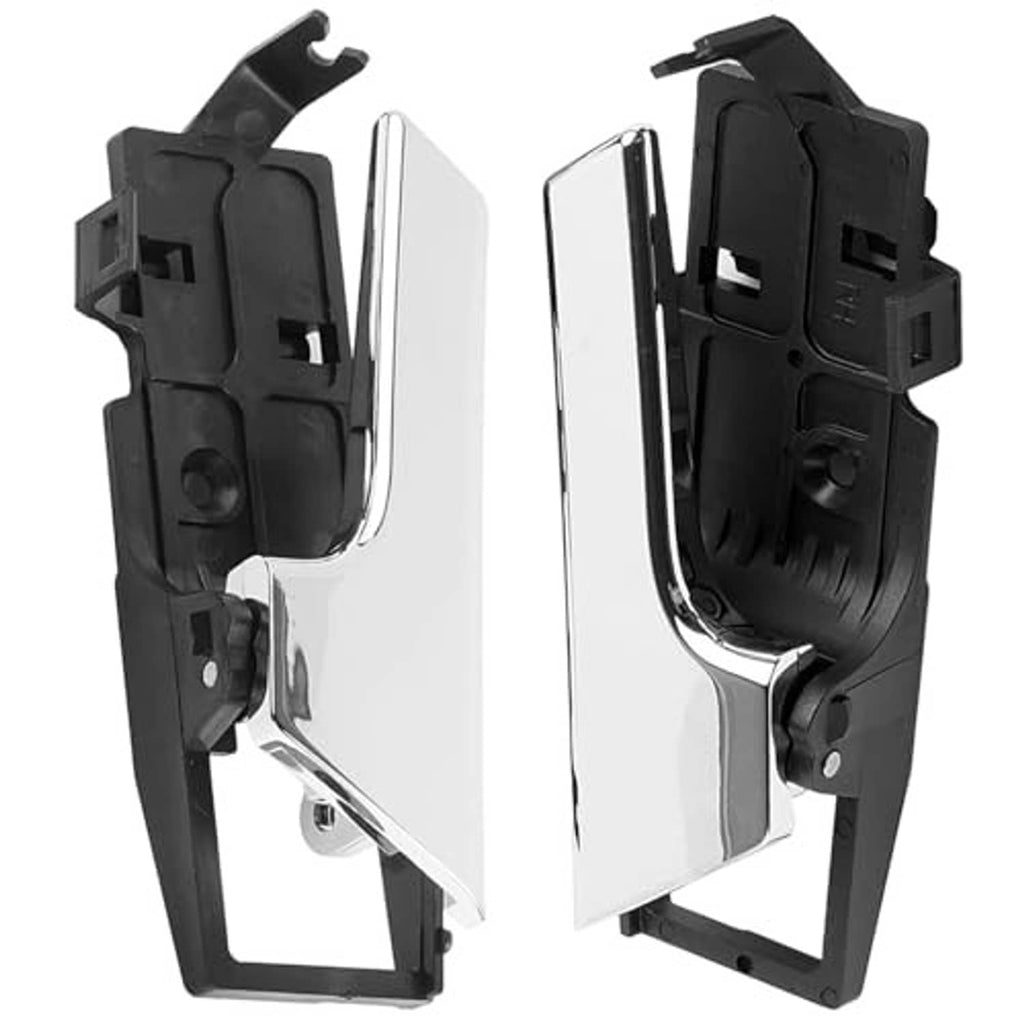 Interior door handle with chrome lever and black housing, side view with mounting tabs