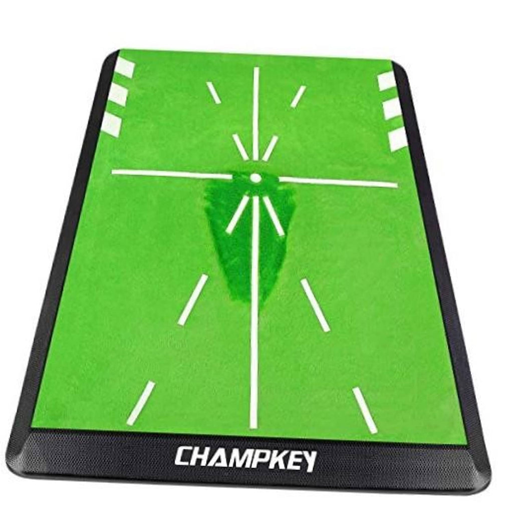 Green golf hitting mat with white swing-path guide lines and CHAMPKEY logo on black edge