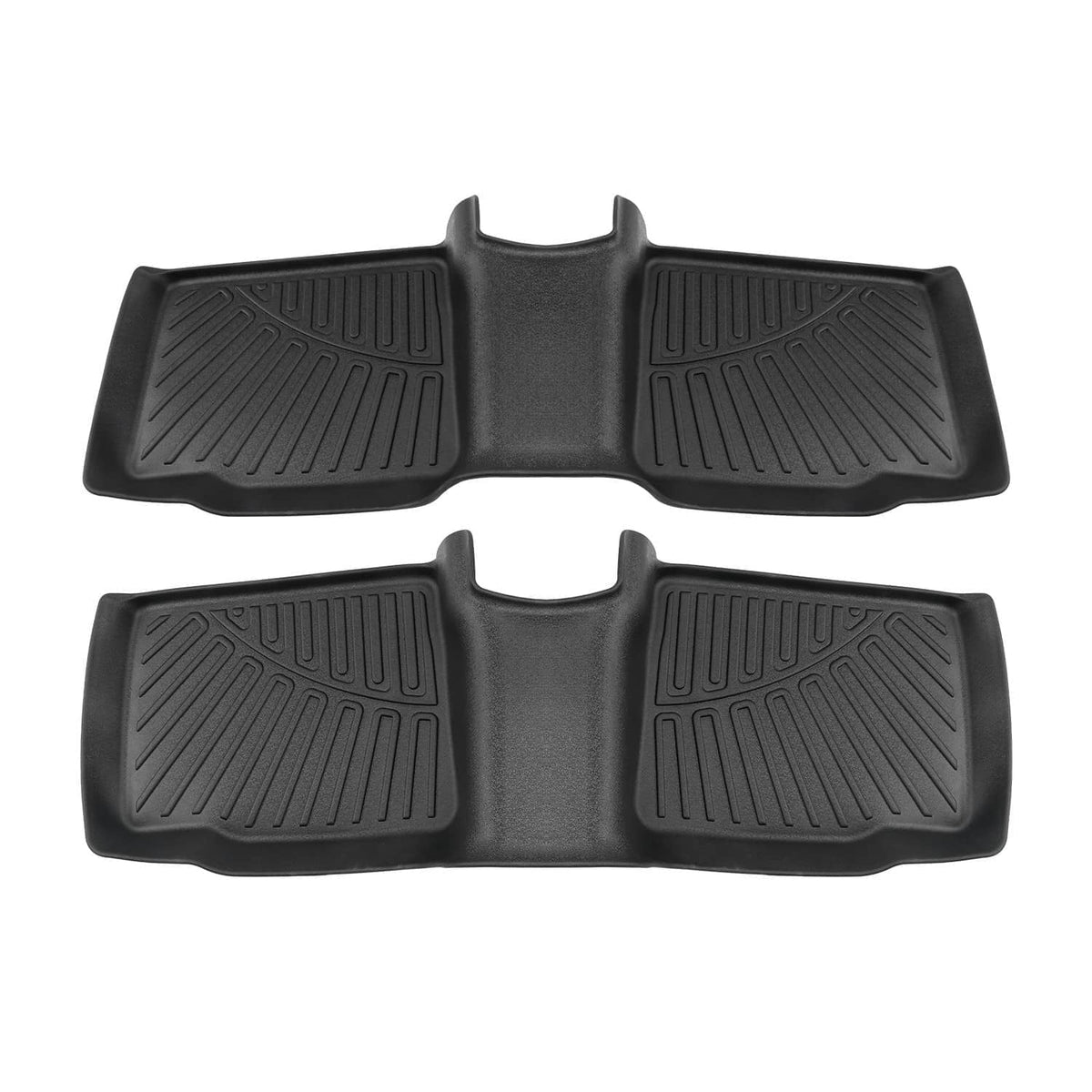 Two-piece black rubber floor mat liner set with center nub and raised channel tread