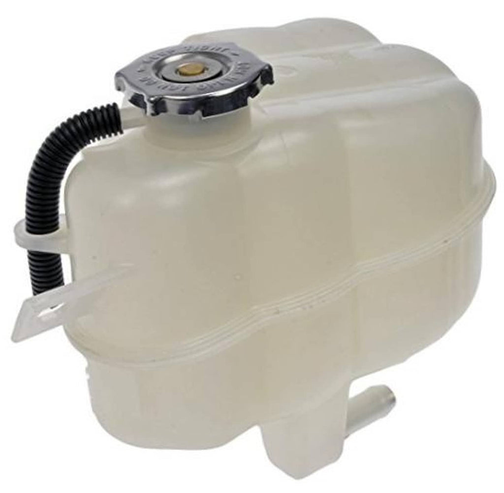 Front pressurized coolant reservoir with cap, translucent white plastic and black hose