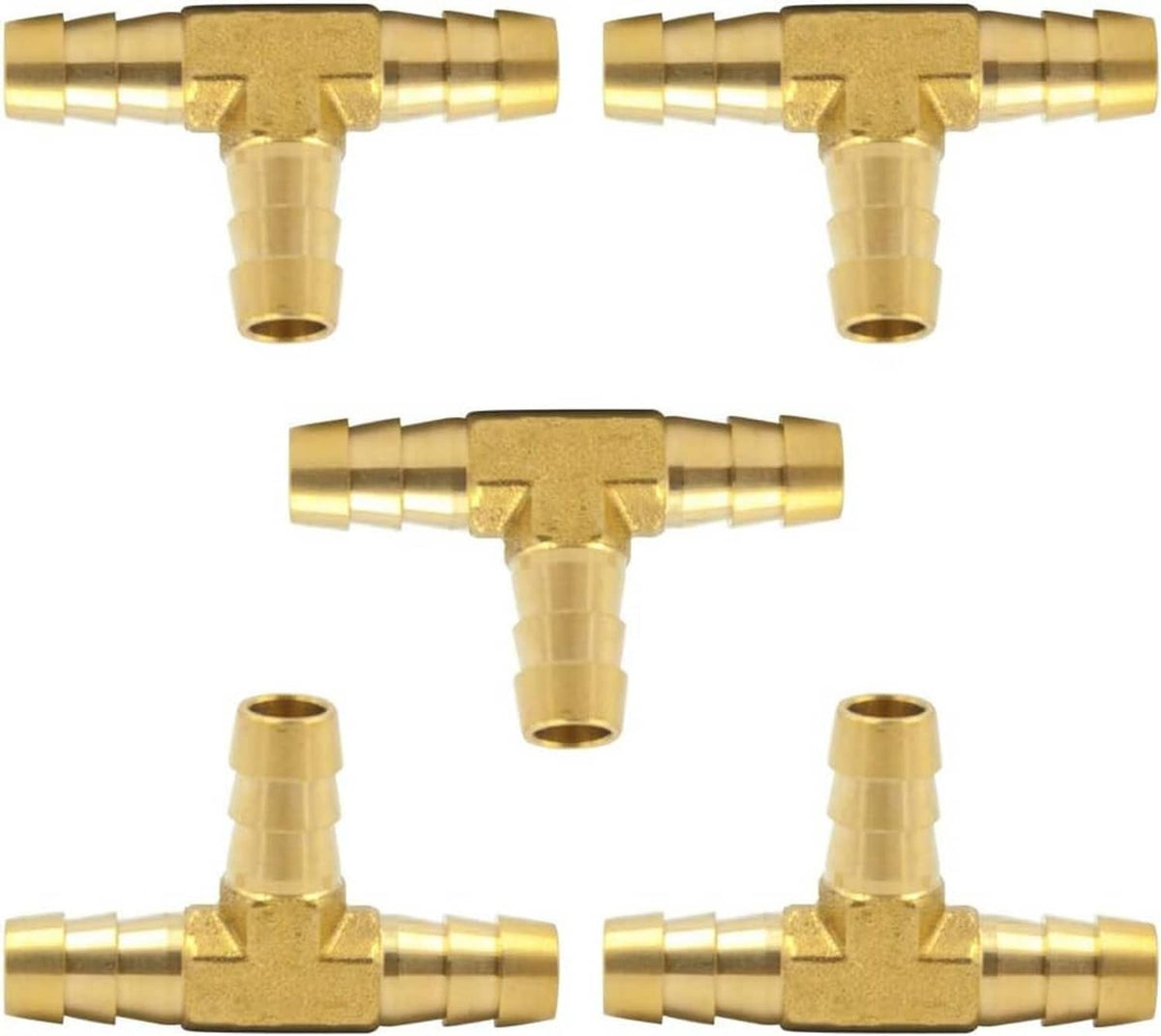 Brass three-way hose tee fitting with barbed ends, four-way branch design