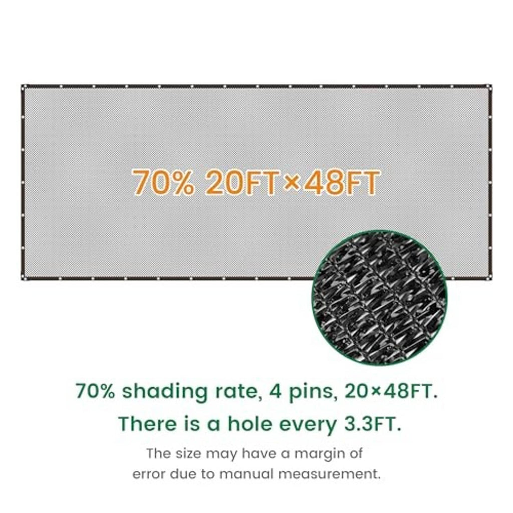 Black shade cloth panel with reinforced perimeter grommets and visible mesh weave detail.