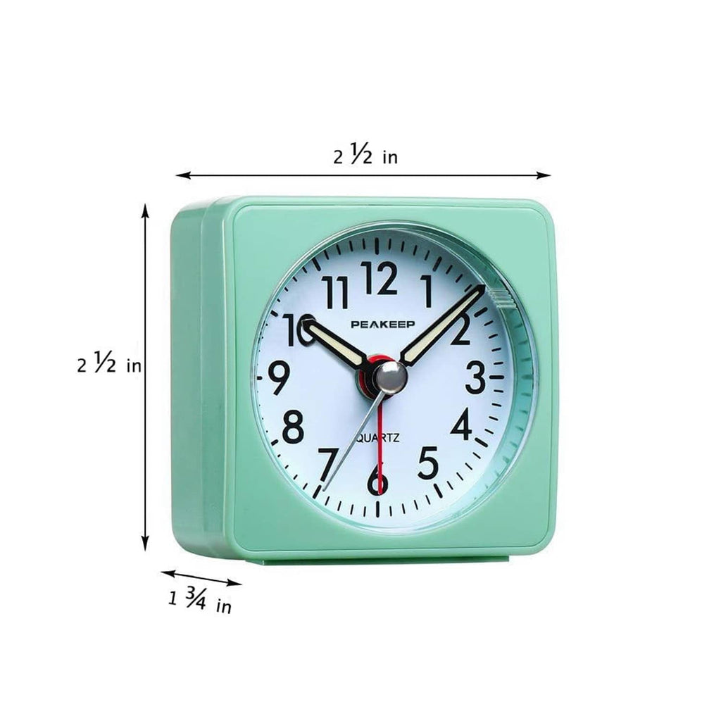 Mint teal square travel alarm clock with analog face, shown with size dimensions