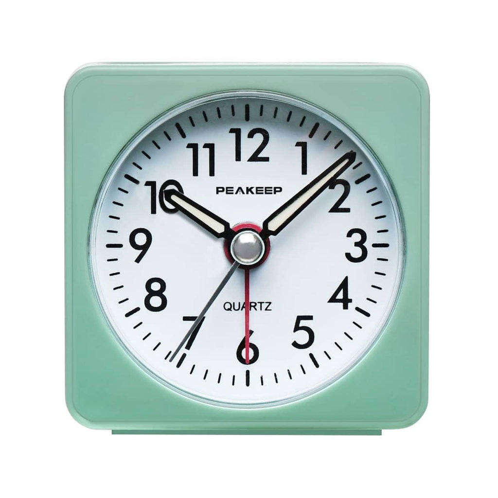 Peakeep travel alarm clock in mint teal, square case with quartz analog dial