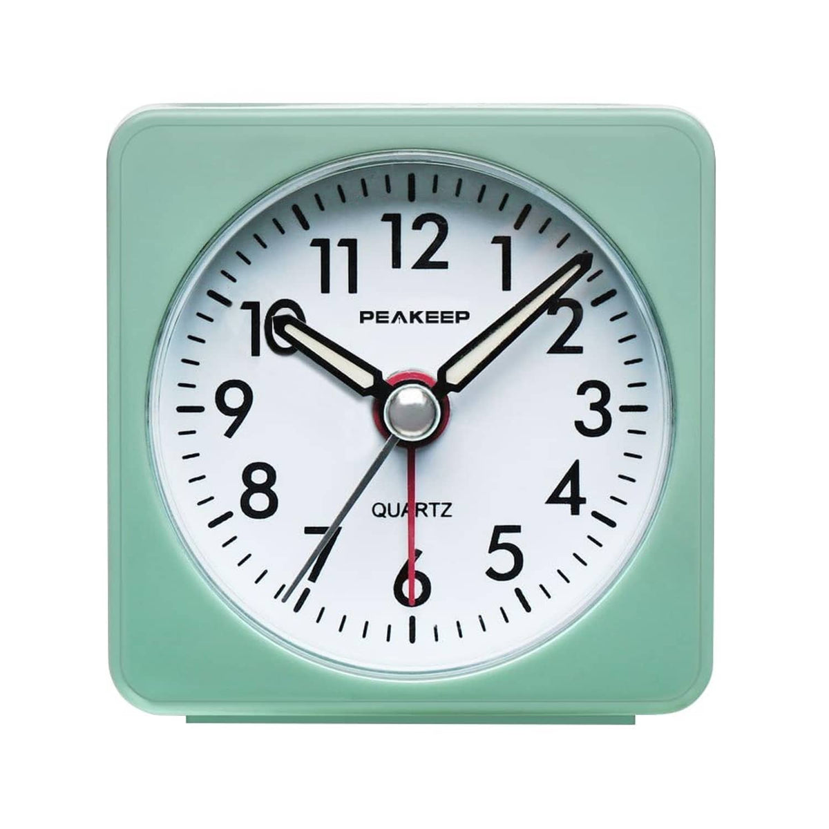 Peakeep travel alarm clock in mint teal, square case with quartz analog dial
