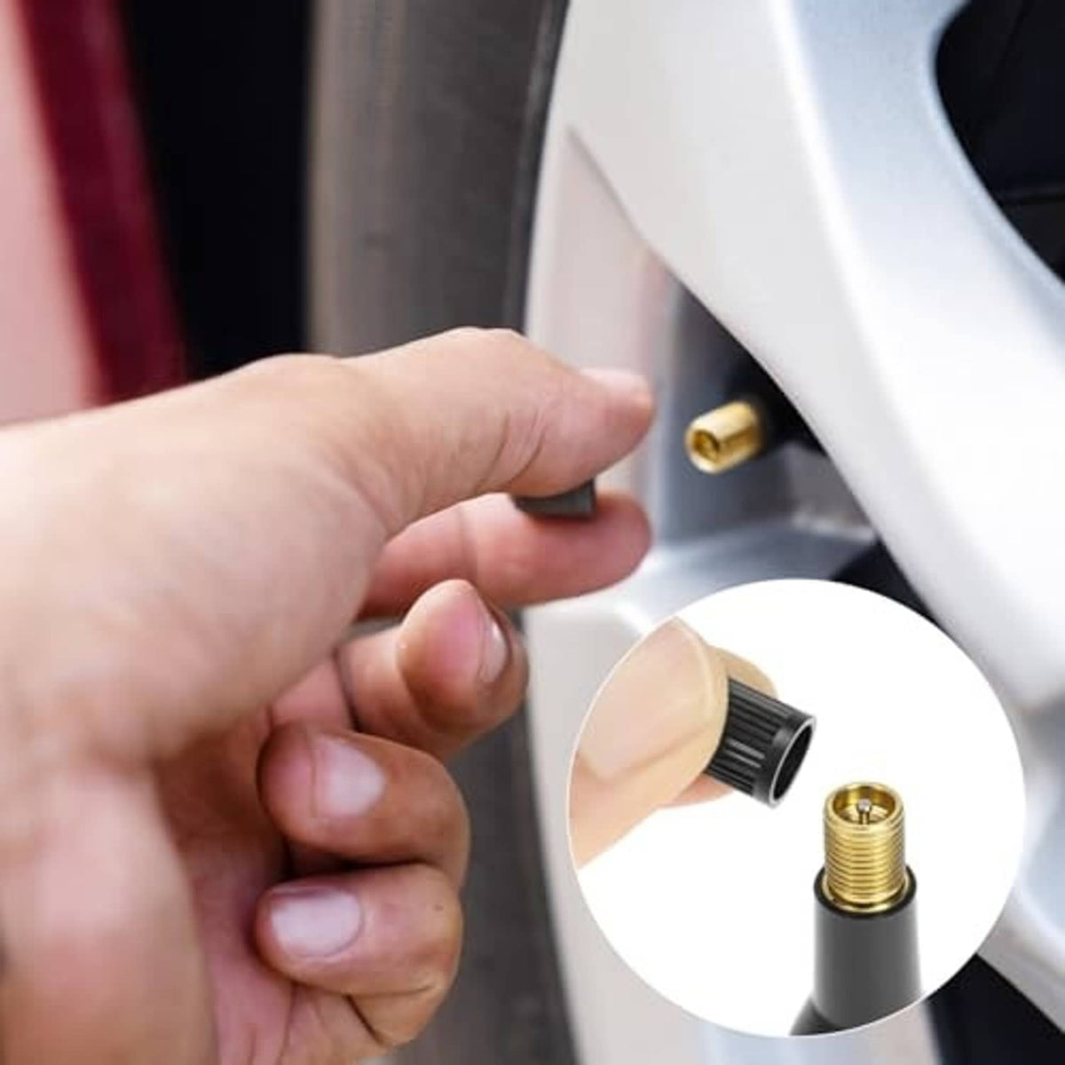 Hand installing a snap-in tire valve stem into a wheel rim opening