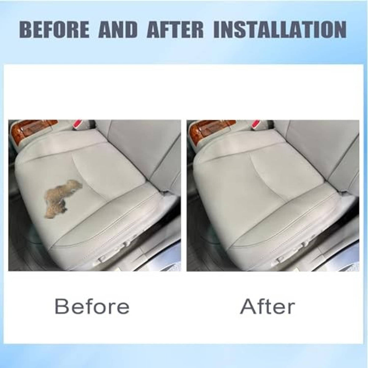 Gray leather seat cover with contoured cushion and neat double-stitched seams