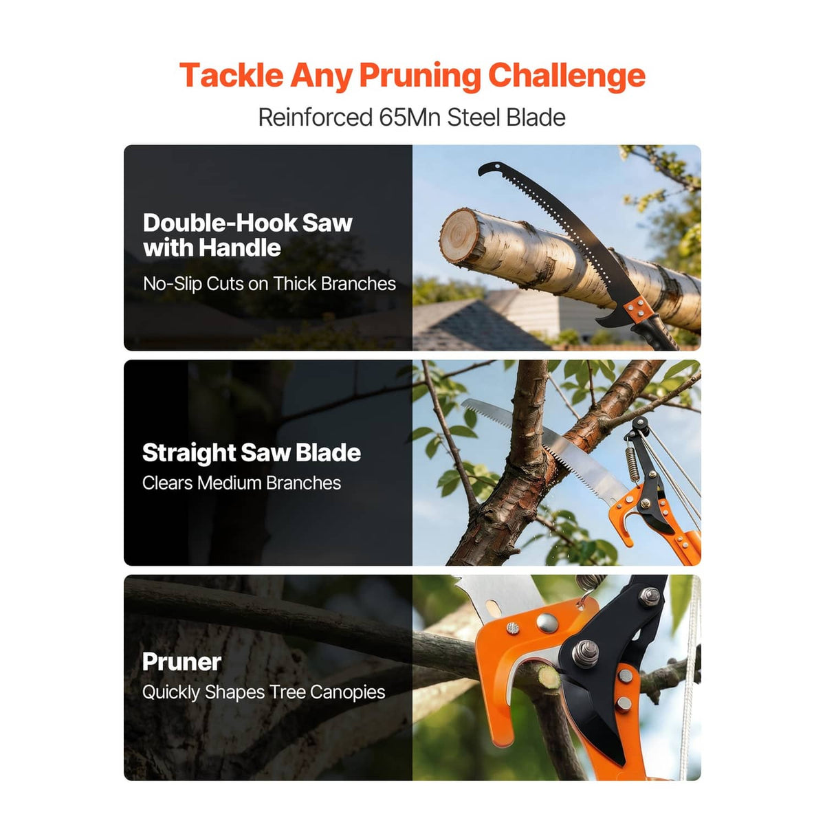 Pole pruner head with double-hook saw blade and straight saw blade