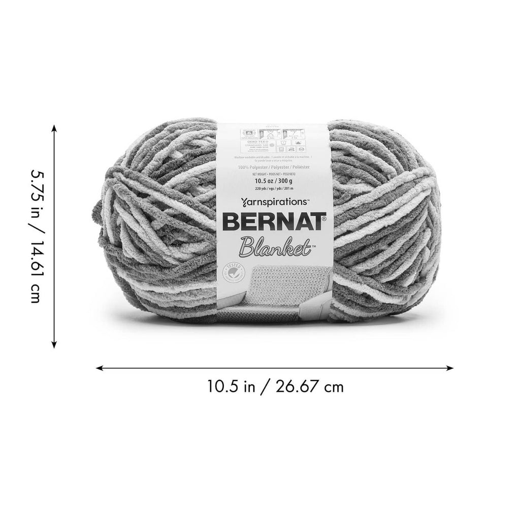 Bernat Blanket yarn skein in heather gray with a paper label