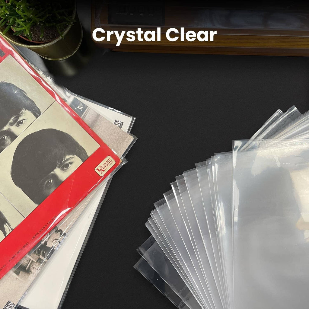 Crystal-clear outer vinyl record sleeves, stack of transparent covers.