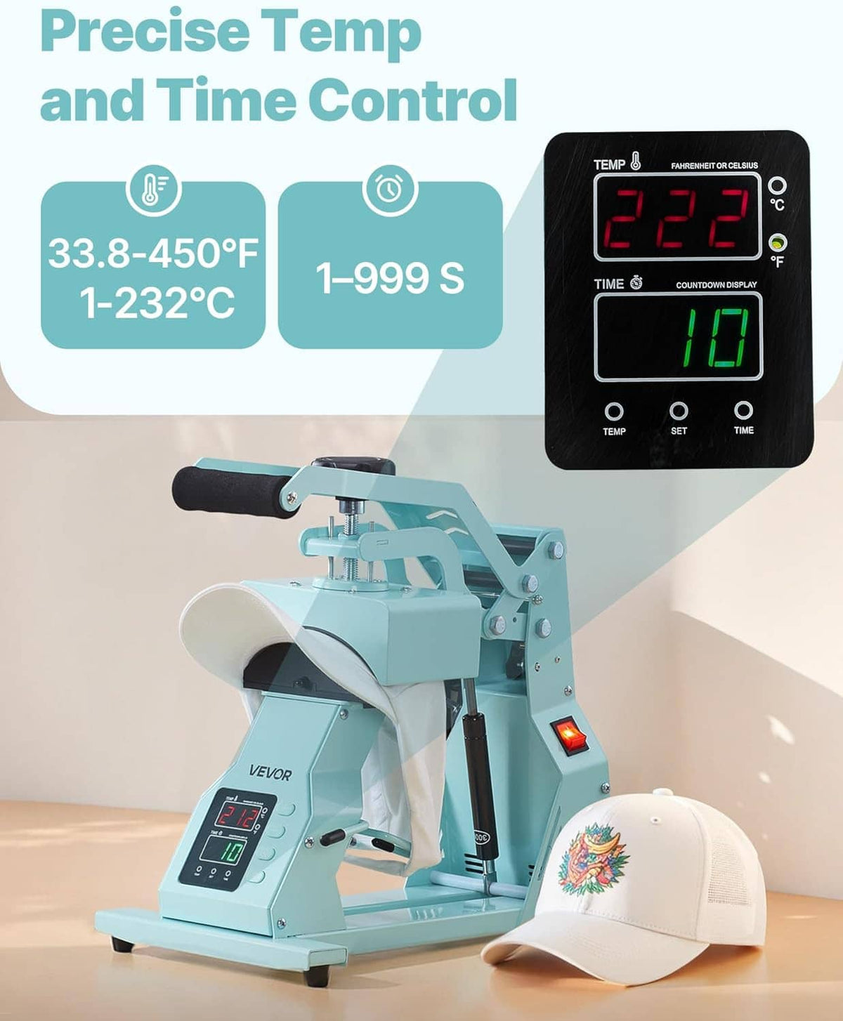 Teal hat heat press machine with digital temperature and time display and front hat platen