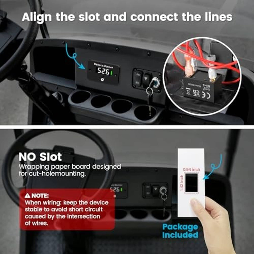 Digital battery gauge module mounted on dash with LCD readout and wiring ports