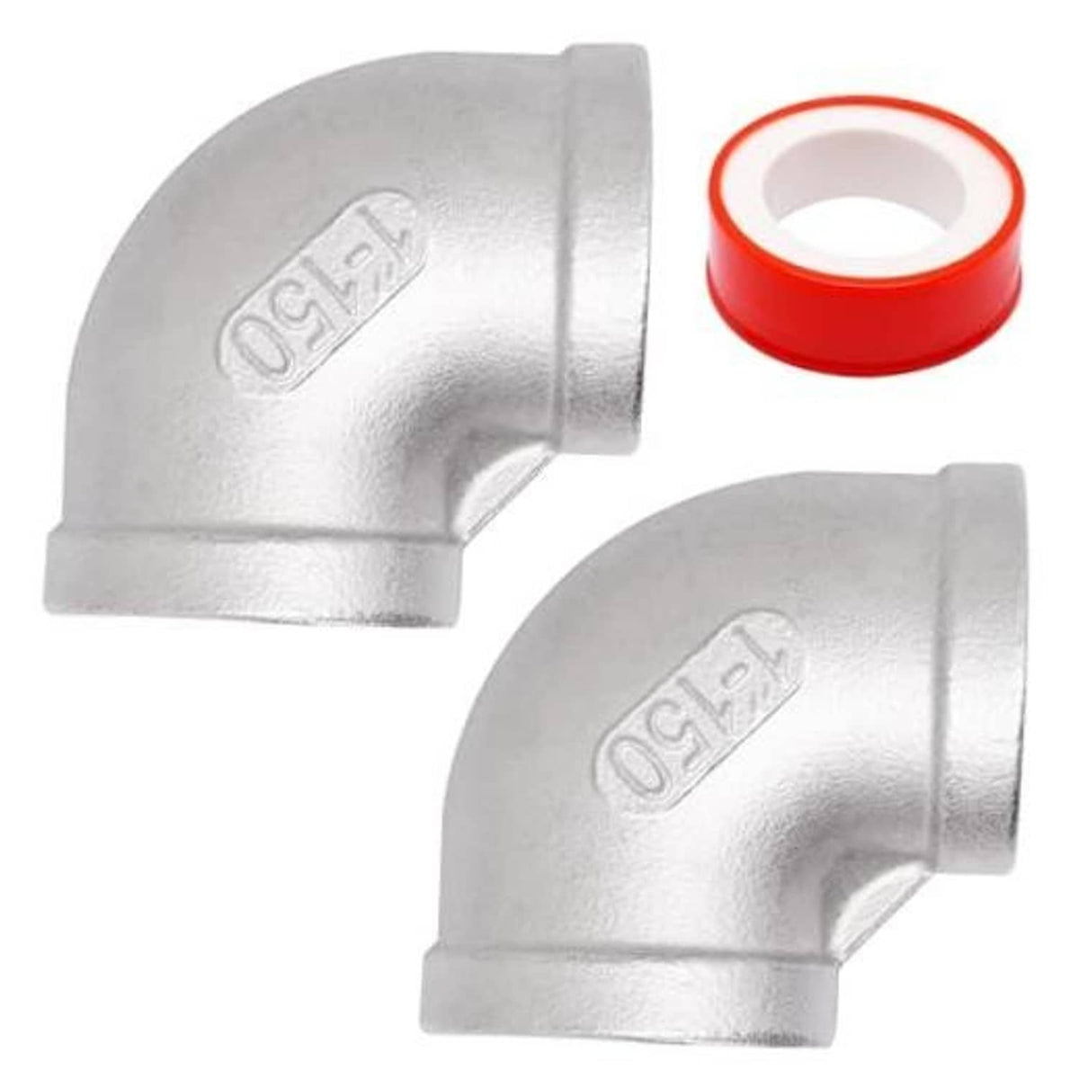 304 stainless steel 1-inch 90° elbow fitting, female NPT ports, with red sealing tape