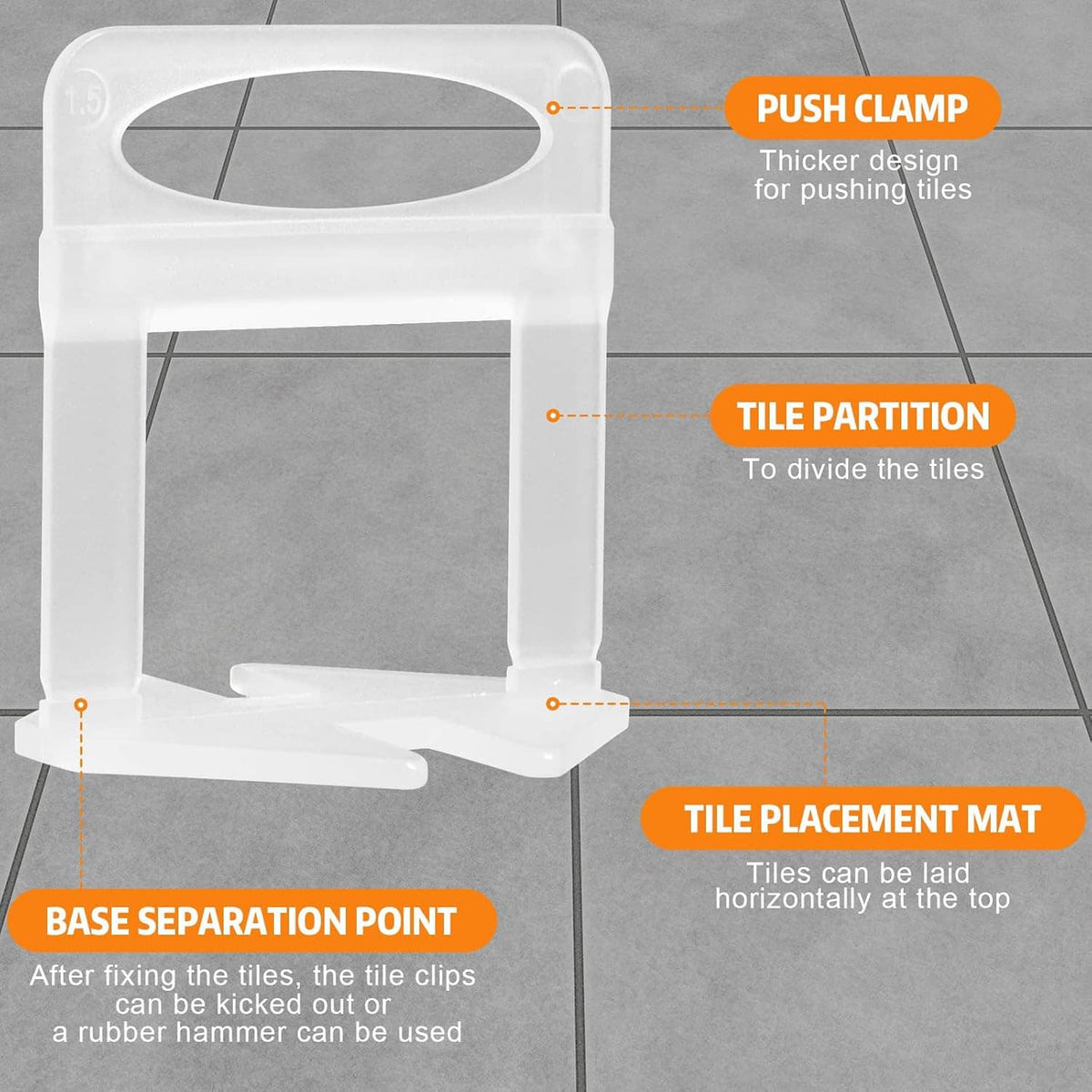 White tile leveling clip system with push clamp, tile partition bar, and spacer mat