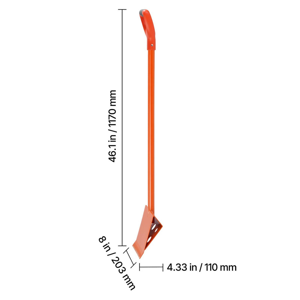 Orange roof shingle stripper shovel dimensions diagram with serrated base blade