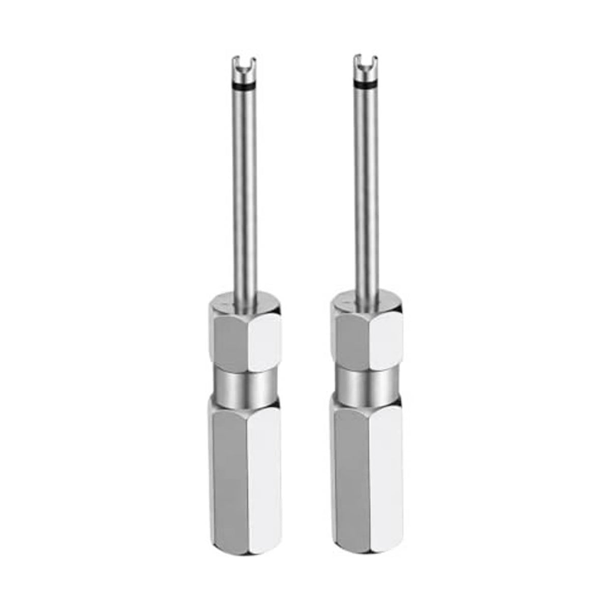 Two silver magnetic single-head tire valve core removal wrenches, upright pair