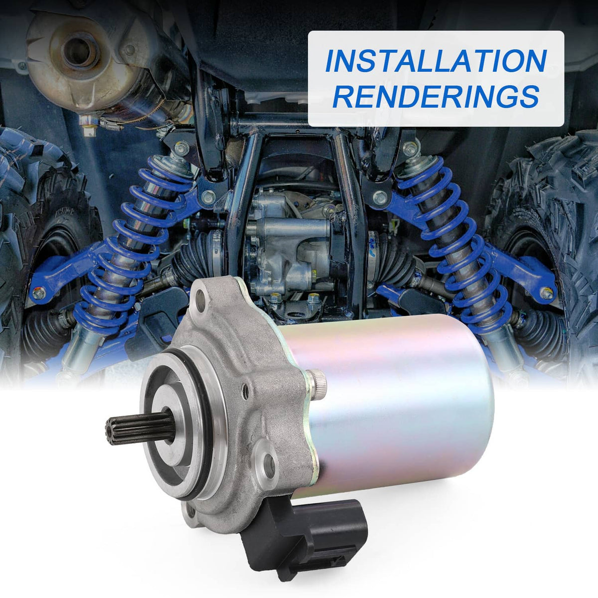 Shift motor assembly installed on ATV, with drive shaft and black electrical connector