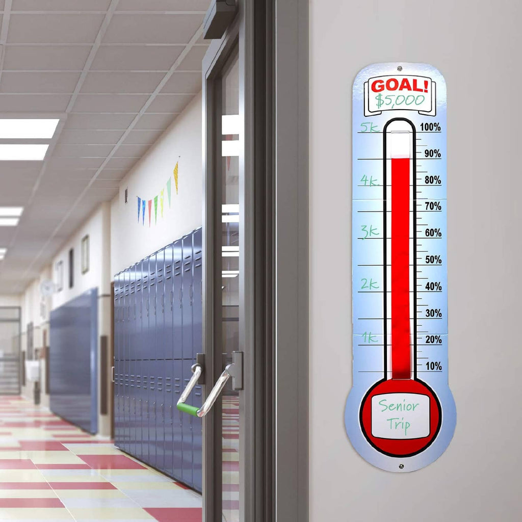 Fundraising thermometer chart with red column and customizable goal header
