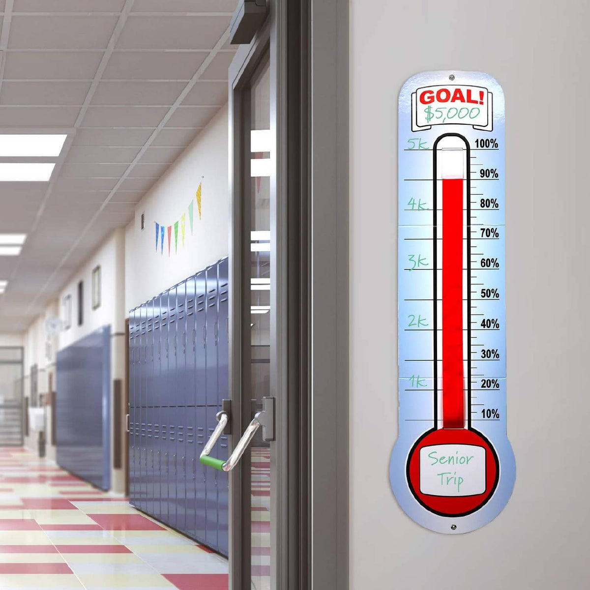 Fundraising thermometer chart with red column and customizable goal header