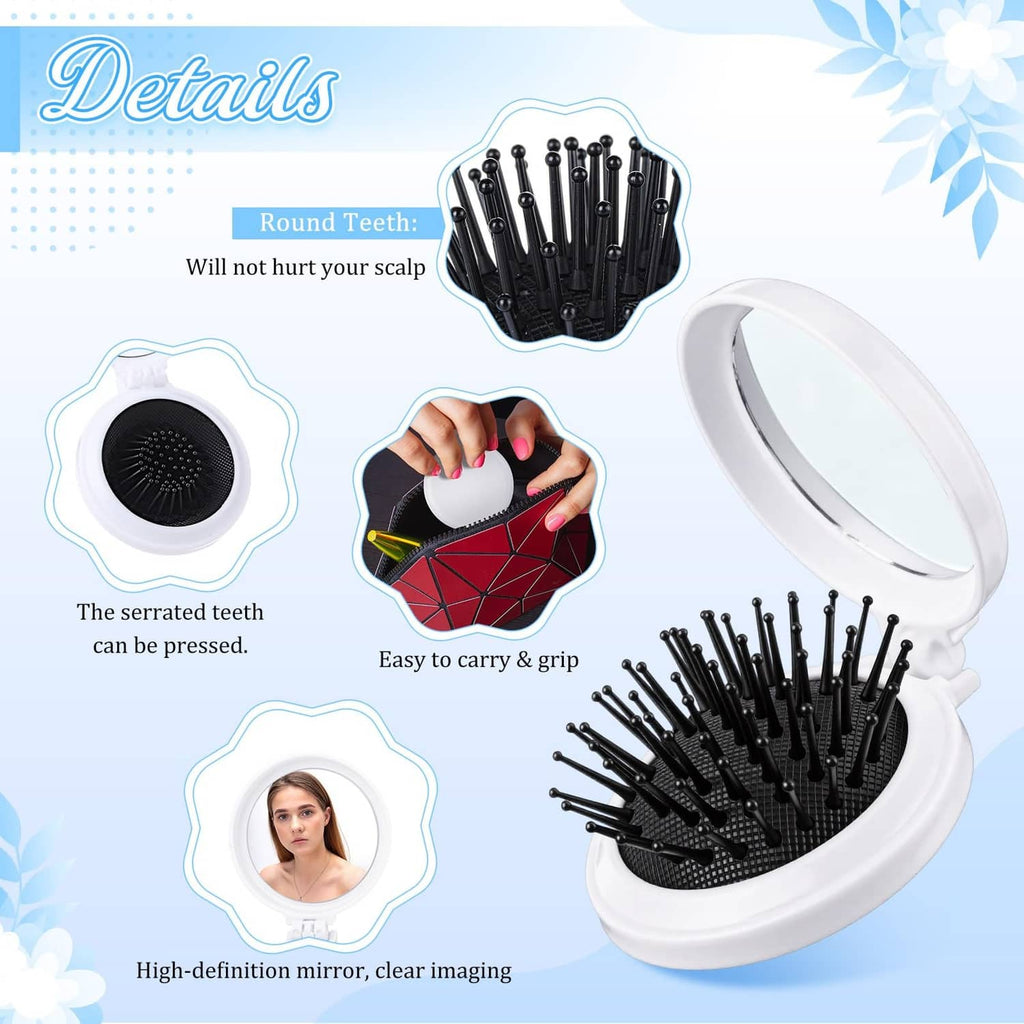 Foldable mini hair brush with mirror, white case and black round brush head