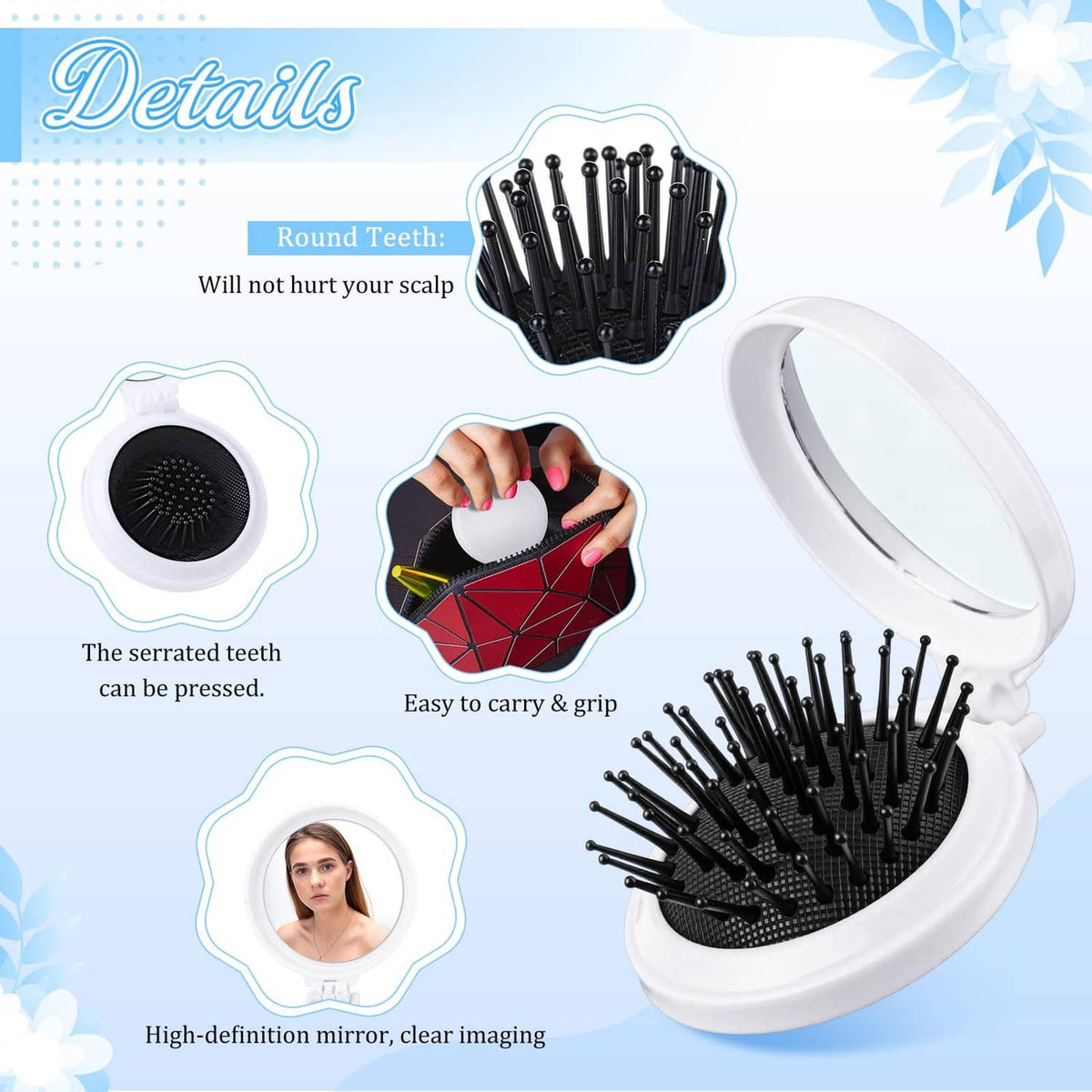 Foldable mini hair brush with mirror, white case and black round brush head