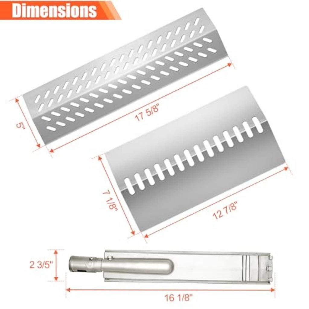 Stainless steel flame tamer bar insert with vent holes, shown with size measurements