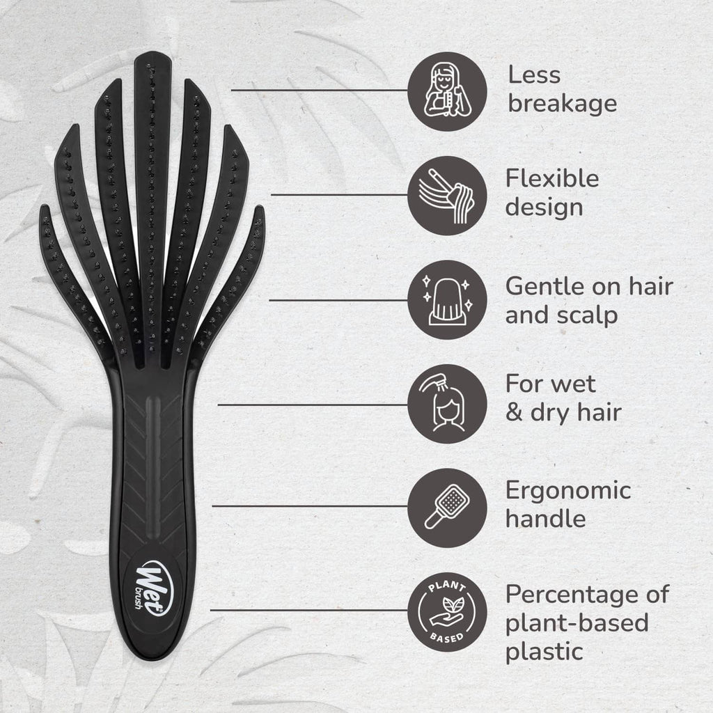 Black curl detangler brush with flexible design, gentle pins, and ergonomic handle