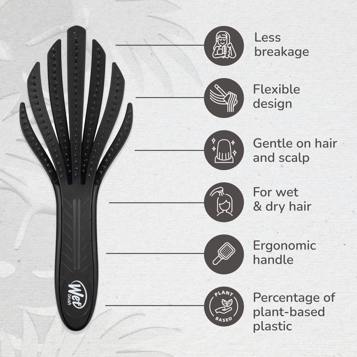 Black curl detangler brush with flexible design, gentle pins, and ergonomic handle