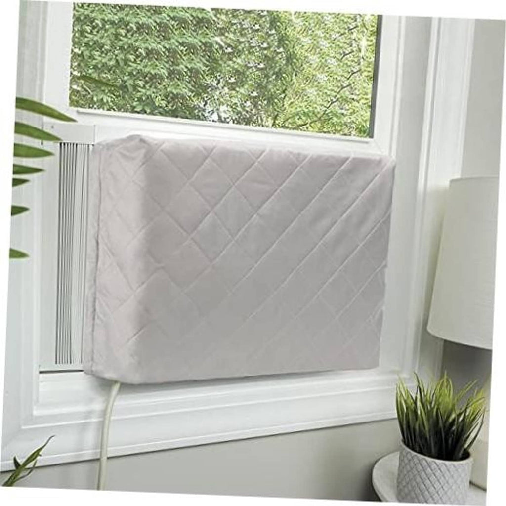 Light gray quilted window air conditioner cover with rectangular front panel