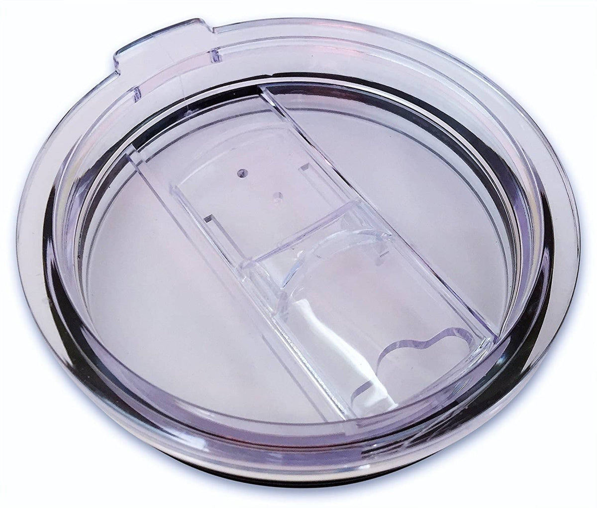 Clear round replacement lid with black rim and inner rectangular drinking opening; snap tab