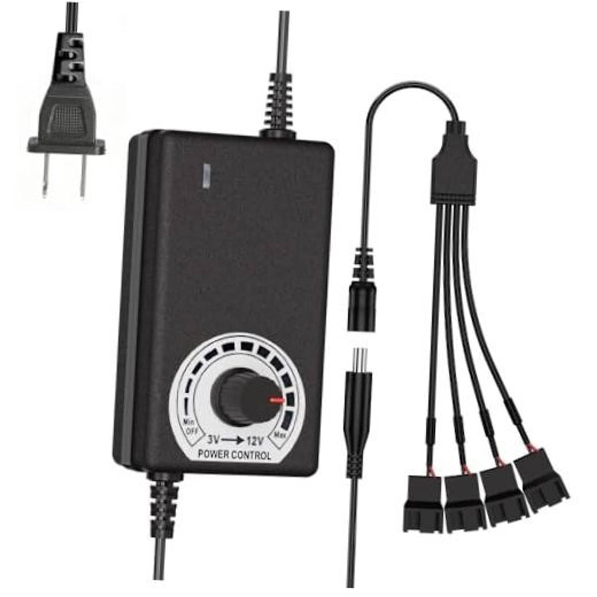 Black 12V PWM PC fan hub controller with knob and multiple cable leads