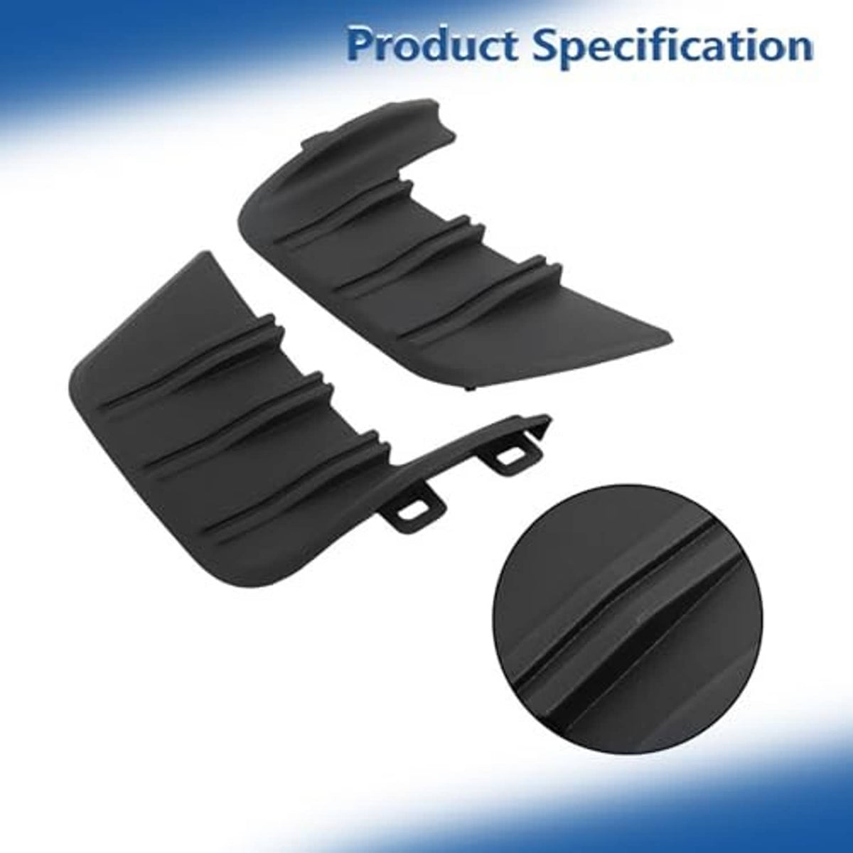 Black front bumper cover trim molding pair with ridges and mounting hardware