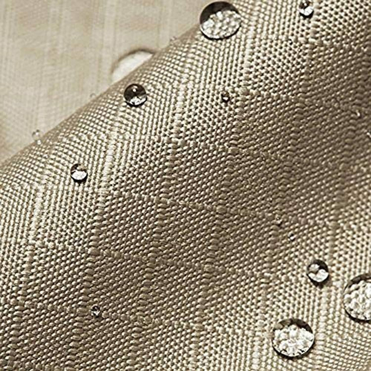 Close-up of tan canopy fabric with textured weave and stitched grommet details