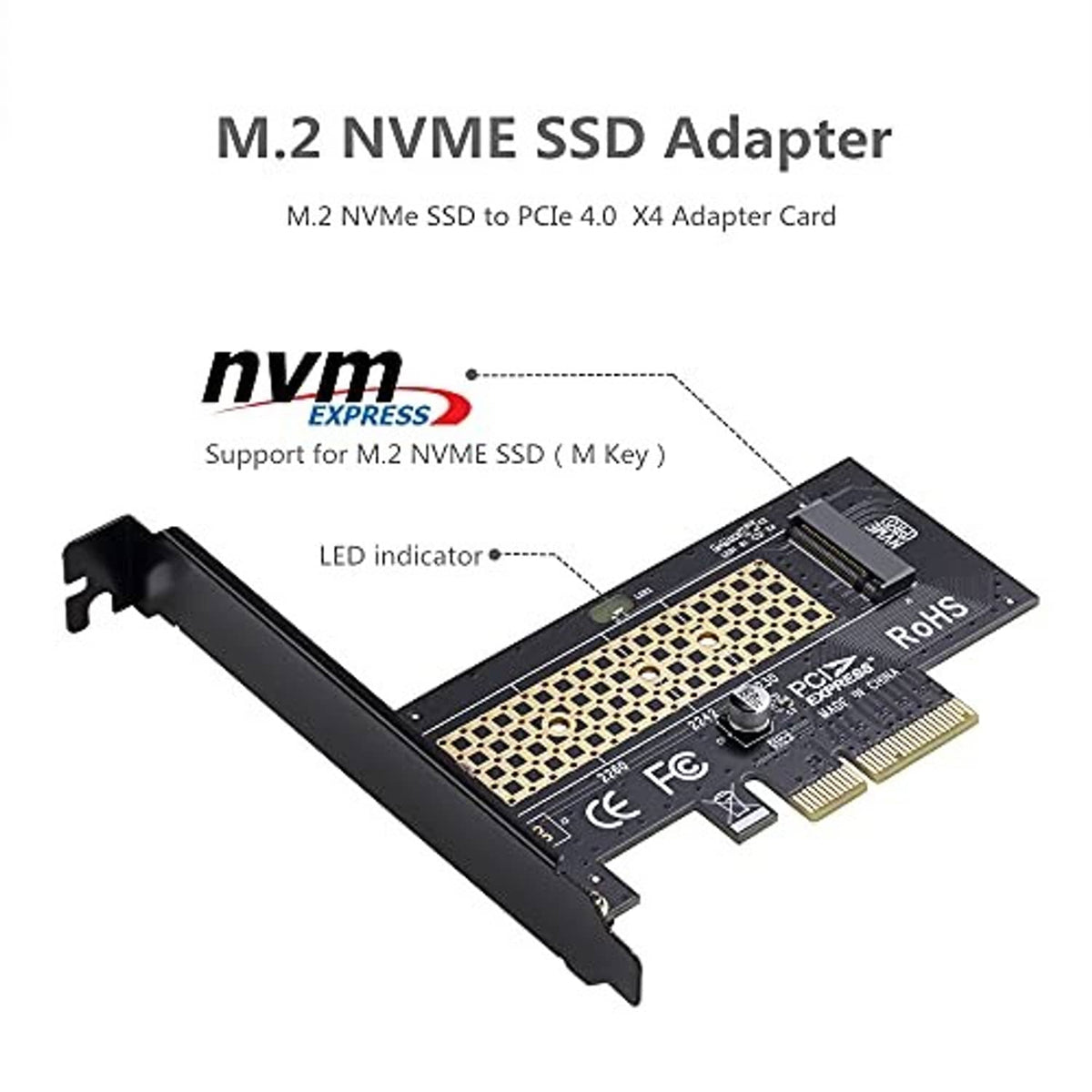 M.2 NVMe SSD adapter card with PCIe connector and ribbed black heatsink