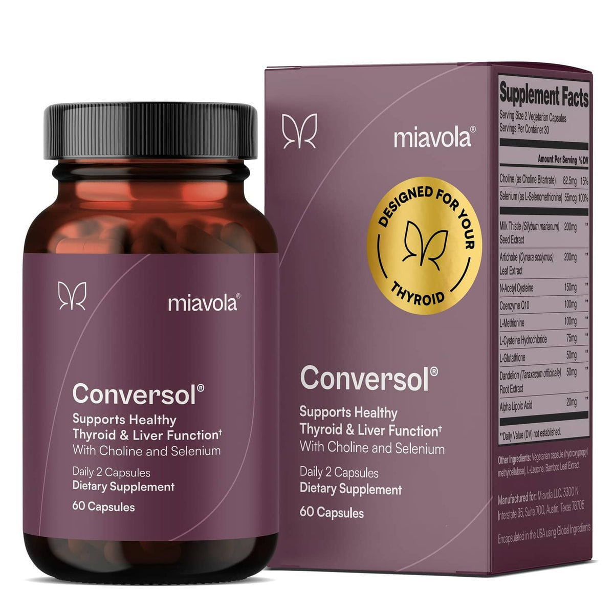 Thyroid support dietary supplement bottle and box, miavola Conversol, 60 capsules