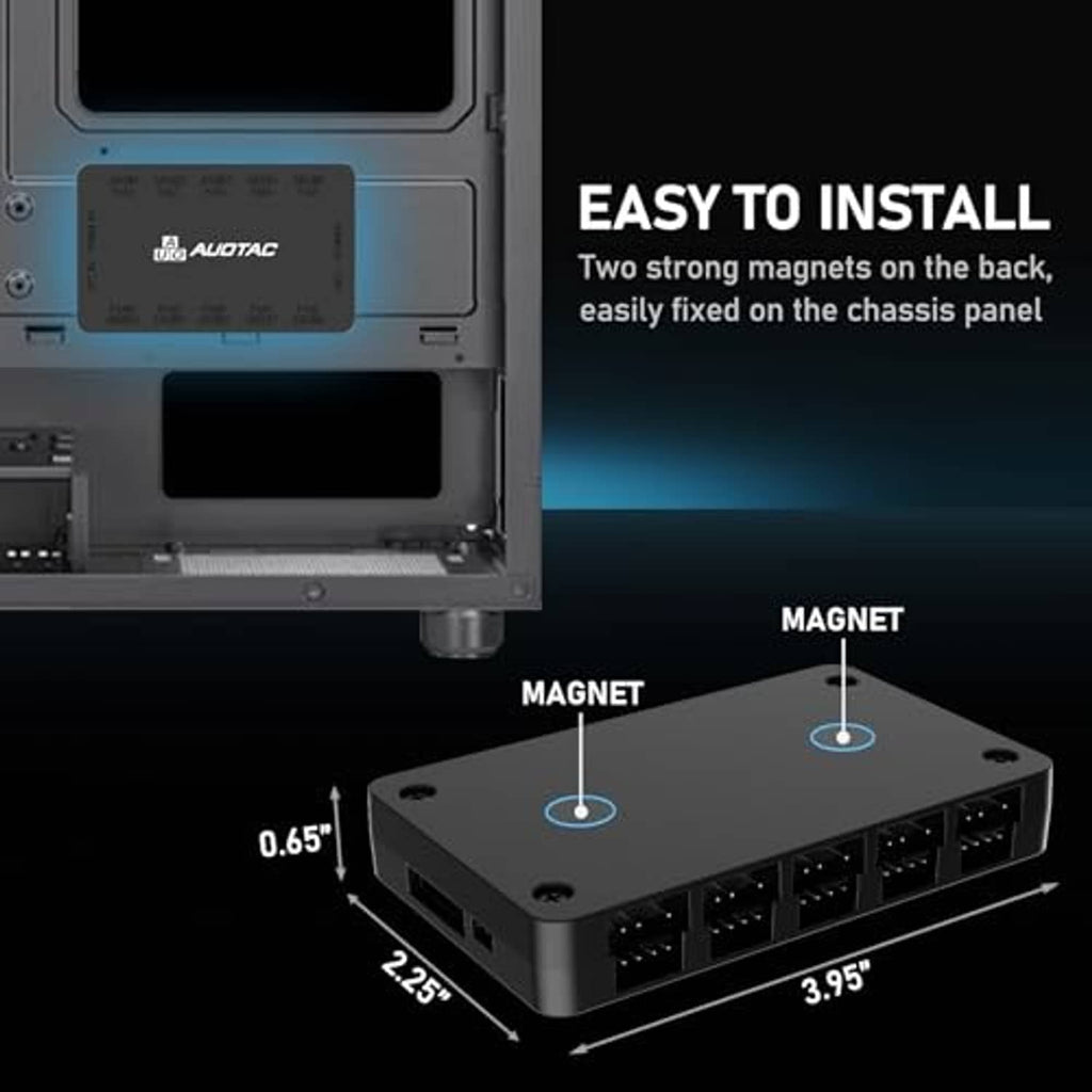 Black ARGB PWM fan hub with built-in magnets for easy mounting on a PC case