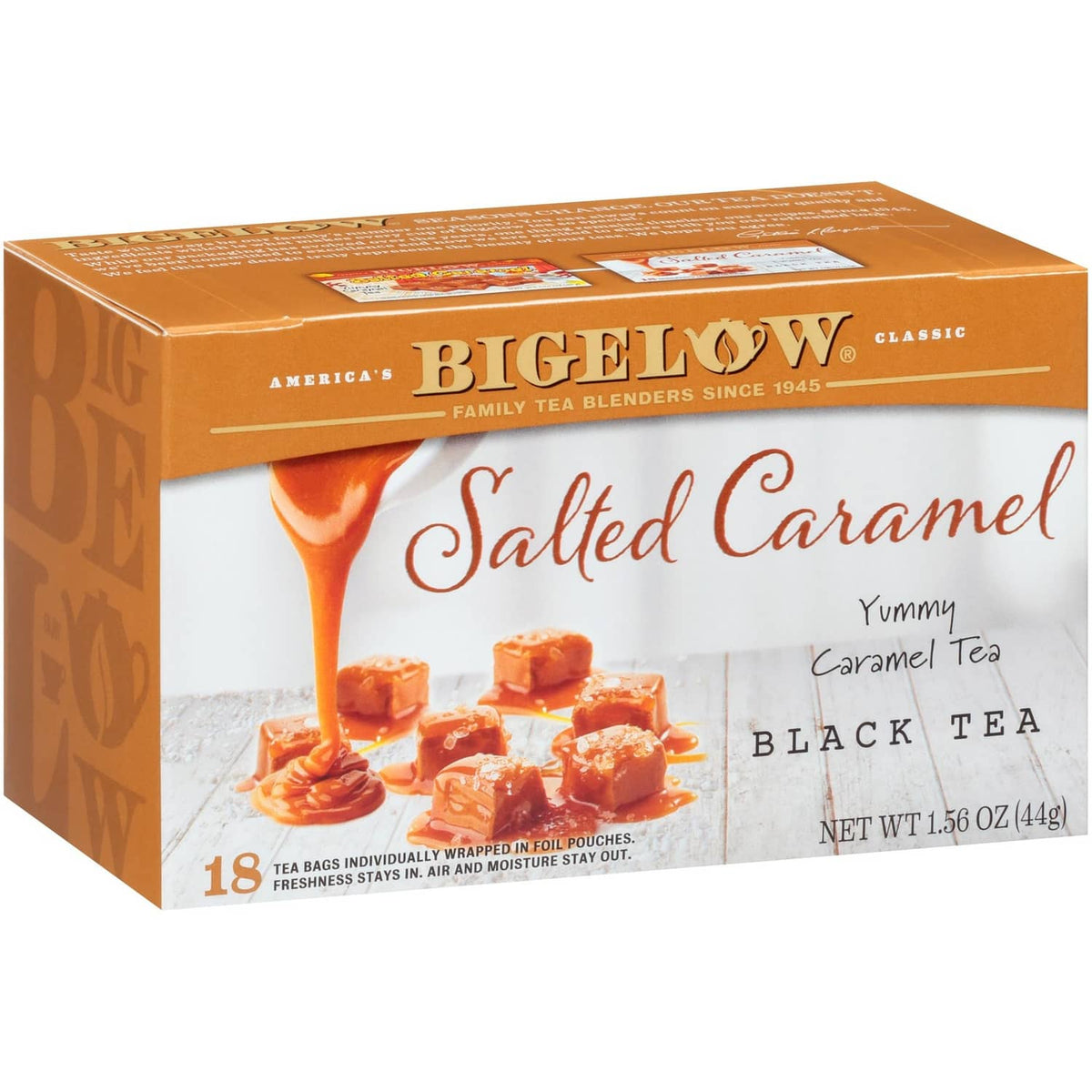 Bigelow Salted Caramel black tea box with 18 foil-wrapped tea bags