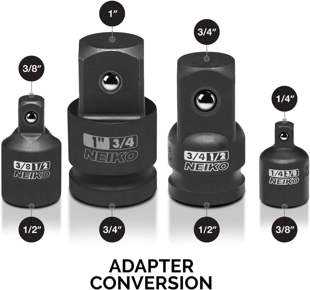 Black adapter conversion set showing 3/8 in, 1/2 in, 3/4 in, and 1/4 in sizes