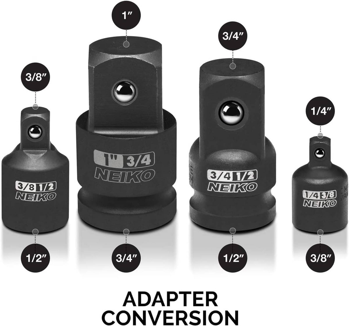 Black adapter conversion set showing 3/8 in, 1/2 in, 3/4 in, and 1/4 in sizes