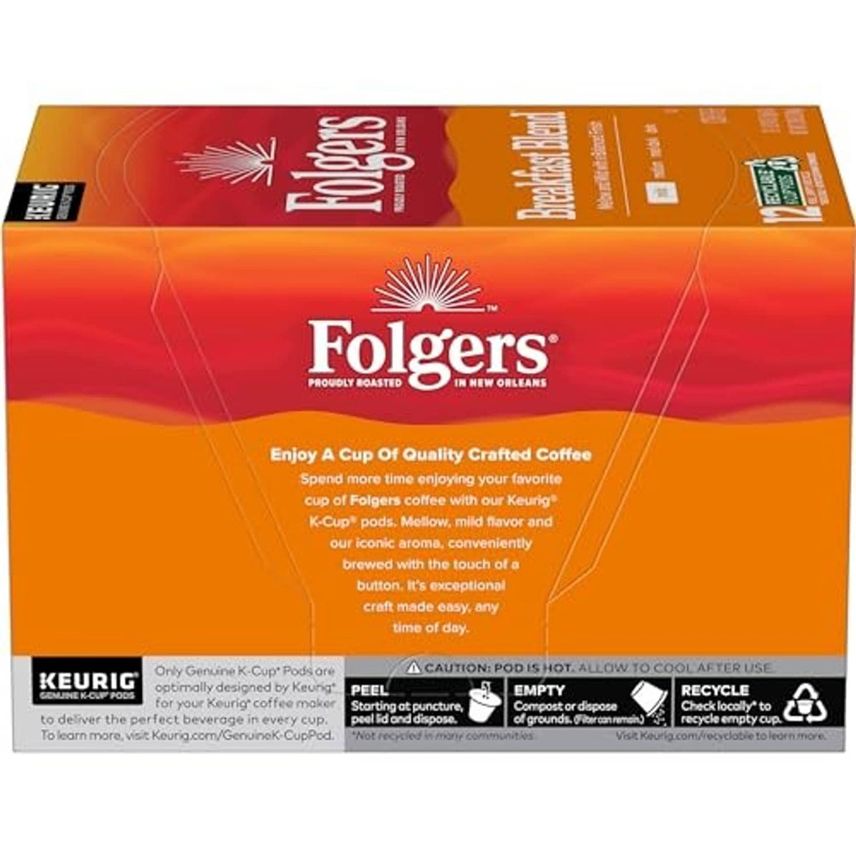 Folgers Breakfast Blend K-cup box back with brewing and recycling details.