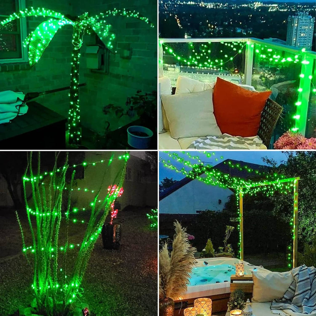 Green LED solar fairy lights wrapped around an outdoor canopy frame