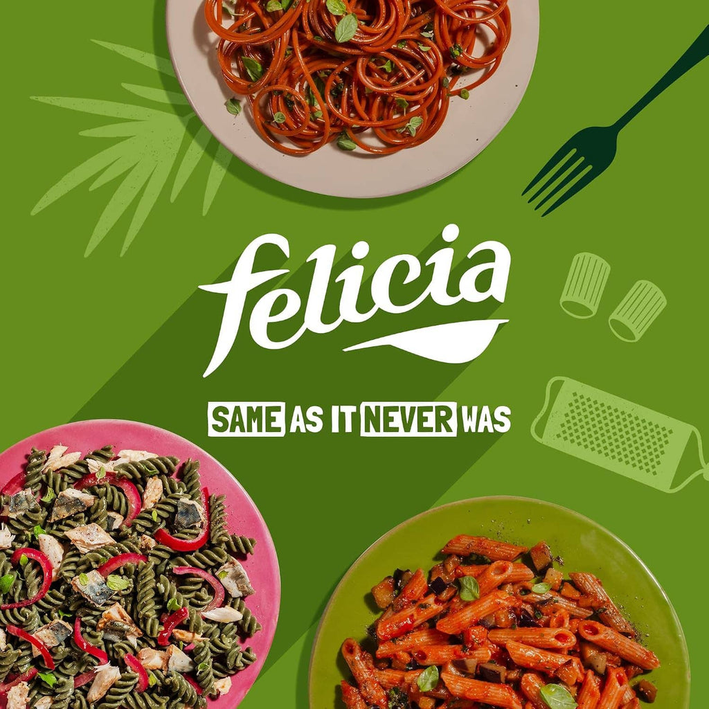 Felicia pasta branding with bowls of cooked noodles, green sauce label graphic