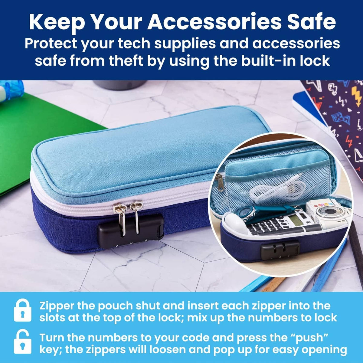 Light blue and dark blue locking pencil case with side release latch, zipped closed.