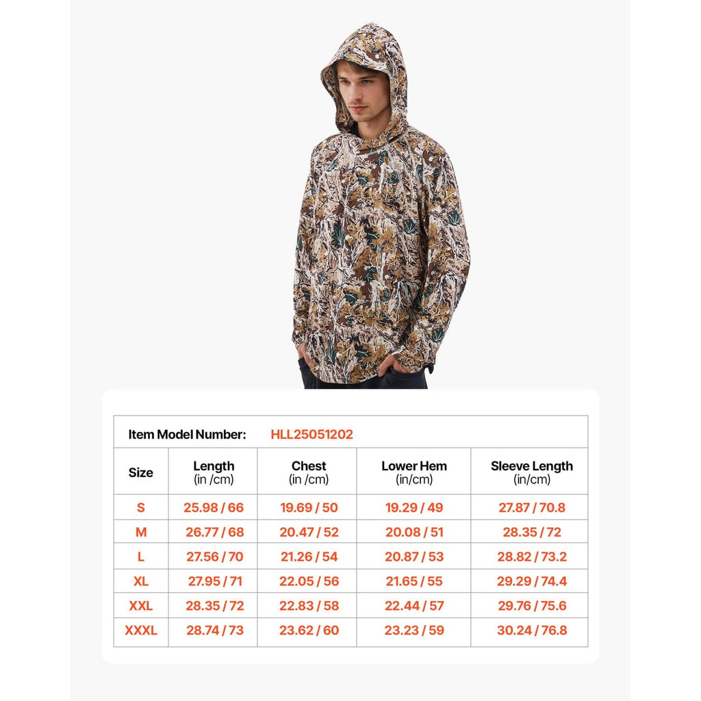 Men's camo pullover hoodie with attached hood and kangaroo pocket, front view