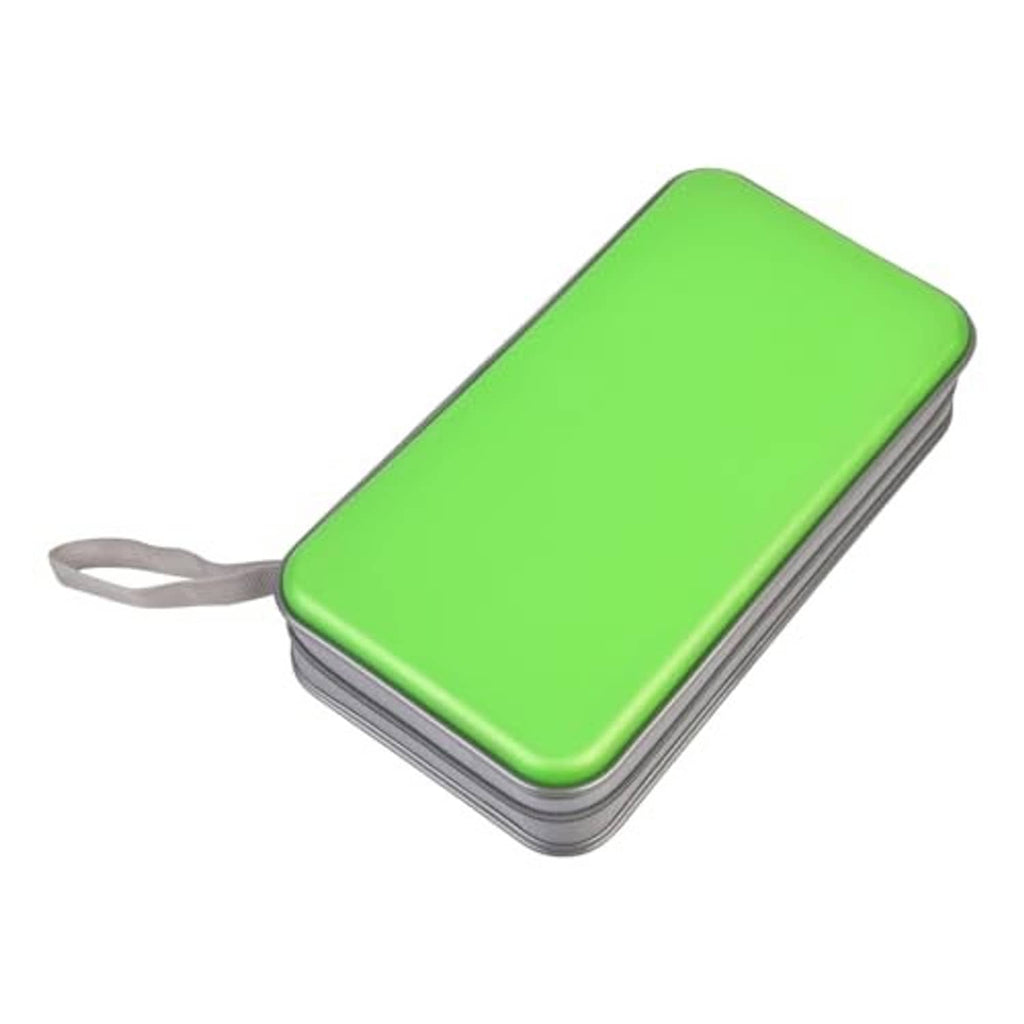 Green hard plastic CD/DVD organizer case with wrist strap and gray zipper trim