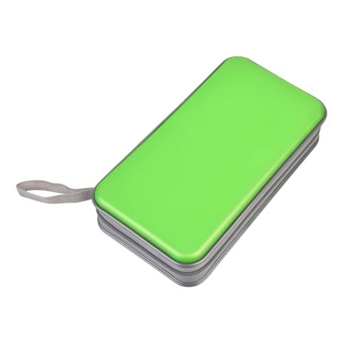 Green hard plastic CD/DVD organizer case with wrist strap and gray zipper trim