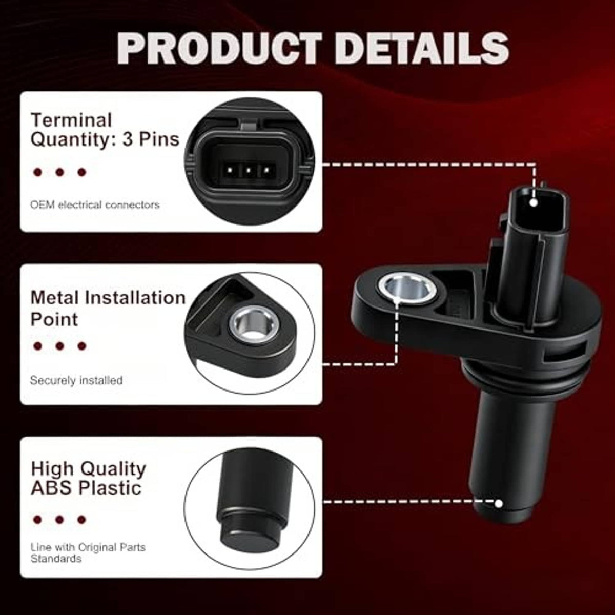 Crankshaft position sensor with metal mounting hole and black electrical connector