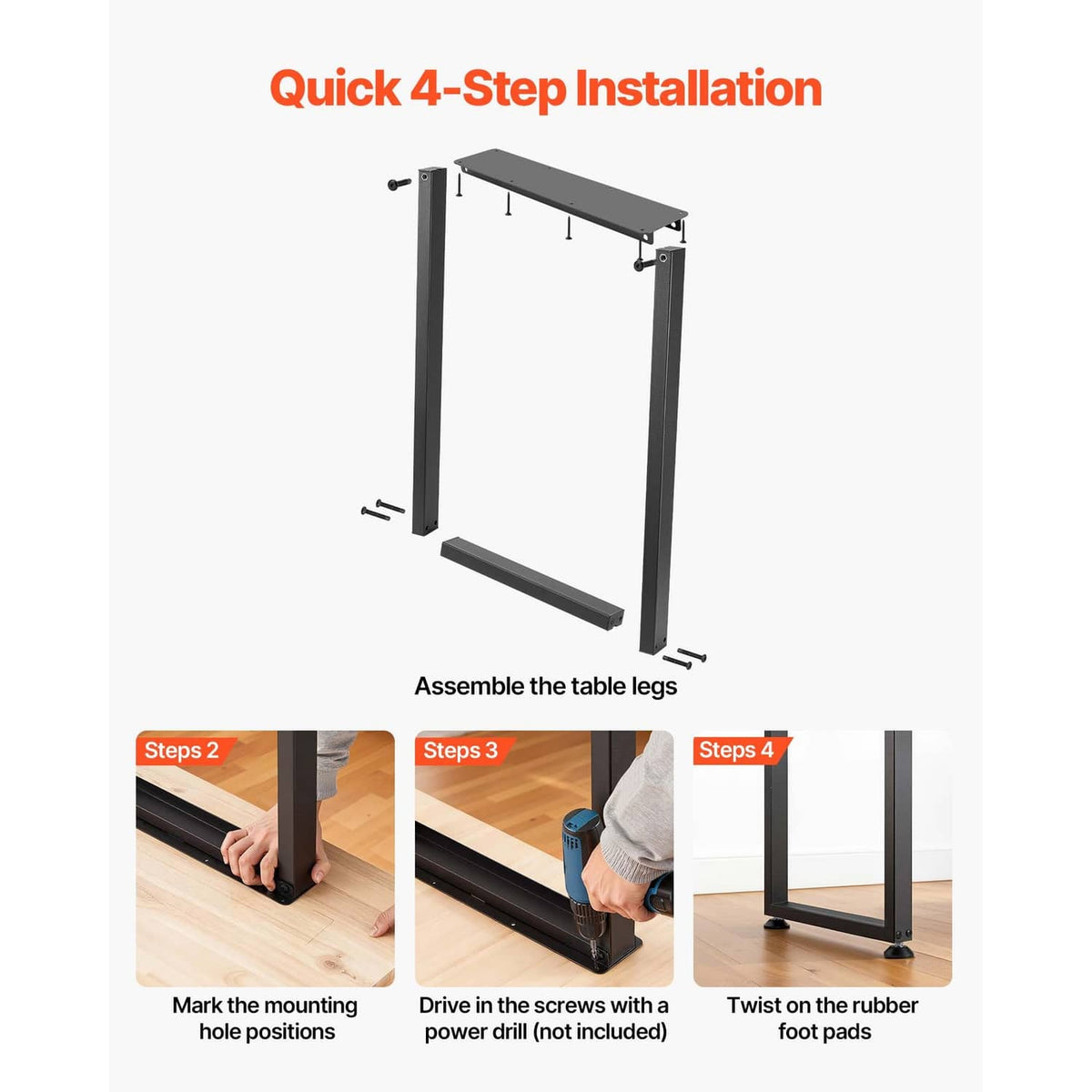 Black steel table legs with installation steps shown; set of 2, includes rubber foot pads