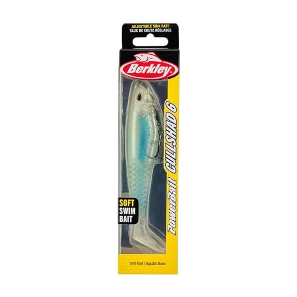 Soft plastic swim bait lure in teal-silver color, boxed retail package